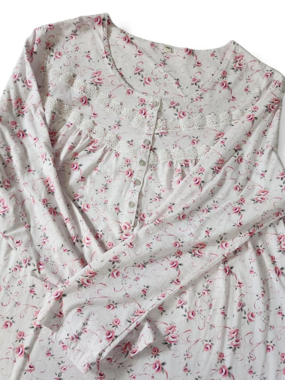 Cottagecore Nightgown XL 100% Cotton Long Sleeve Floral Lace Trim